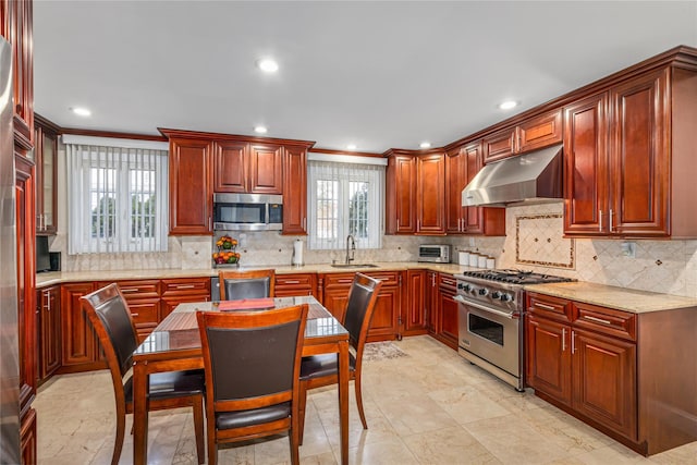 kitchen with ventilation hood, crown molding, sink, and stainless steel appliances