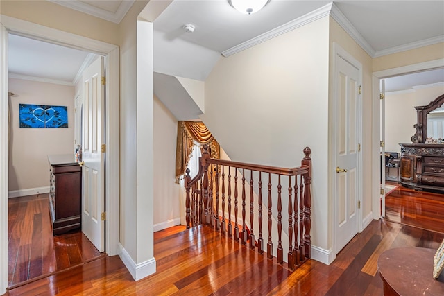 corridor with crown molding and dark wood-type flooring