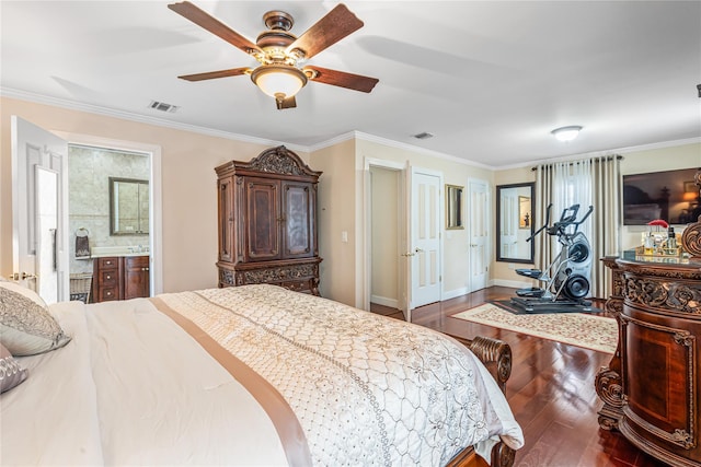 bedroom with hardwood / wood-style floors, ceiling fan, ornamental molding, and ensuite bathroom