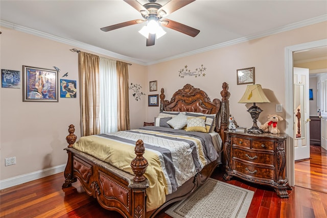 bedroom featuring ceiling fan, dark hardwood / wood-style floors, and ornamental molding