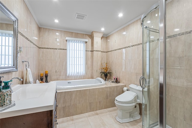 full bathroom featuring vanity, plus walk in shower, tile patterned flooring, toilet, and tile walls