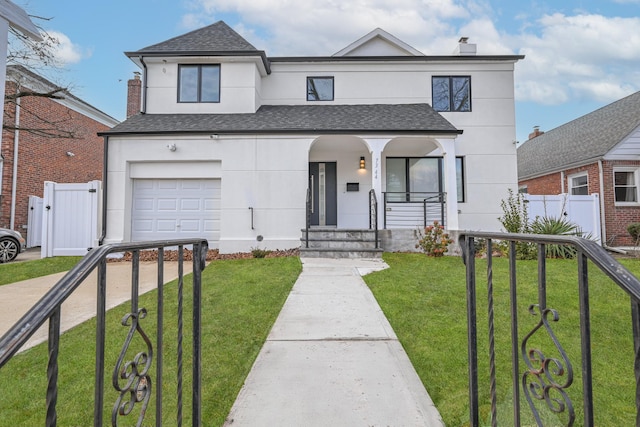 view of front of house with a front yard and a garage