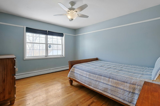 bedroom with light hardwood / wood-style floors, ceiling fan, and a baseboard radiator