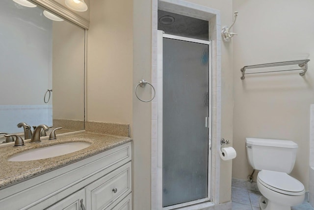 bathroom featuring vanity, toilet, tile patterned floors, and an enclosed shower