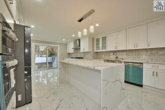 kitchen with white cabinetry, dishwasher, wall chimney exhaust hood, and light stone counters