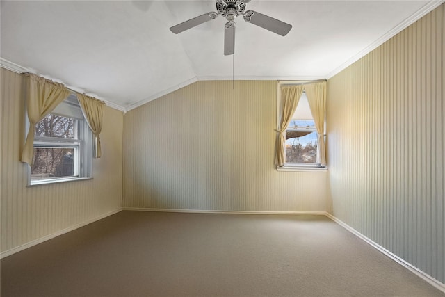 additional living space featuring ceiling fan, carpet floors, and vaulted ceiling