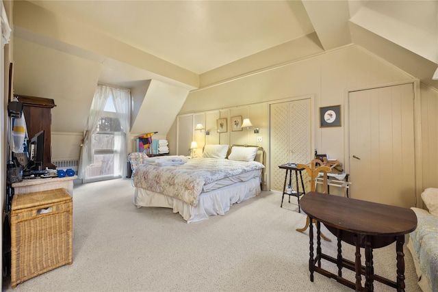 bedroom featuring carpet floors and vaulted ceiling