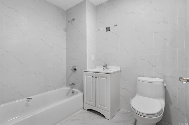 full bathroom with shower / bathing tub combination, vanity, toilet, and tile walls