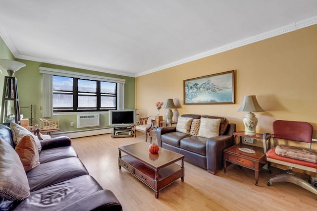 living room featuring an AC wall unit, crown molding, light hardwood / wood-style flooring, and a baseboard heating unit