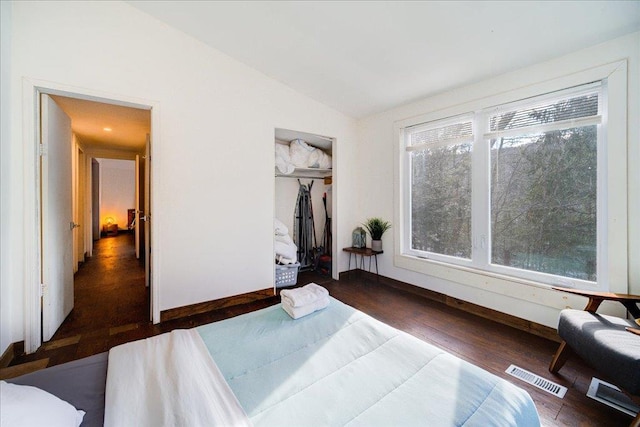 bedroom with a closet, dark wood-type flooring, and vaulted ceiling