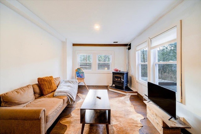 living room with a wood stove, crown molding, wood-type flooring, and a baseboard heating unit