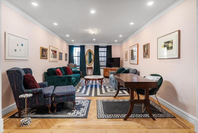 living room with parquet flooring and crown molding