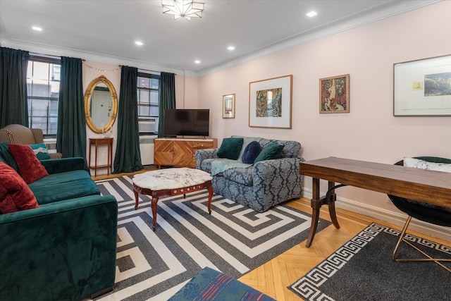 living room with crown molding and light parquet flooring