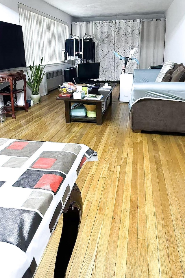 bedroom featuring hardwood / wood-style flooring and radiator heating unit