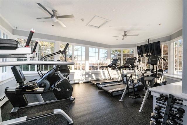 exercise room with ceiling fan