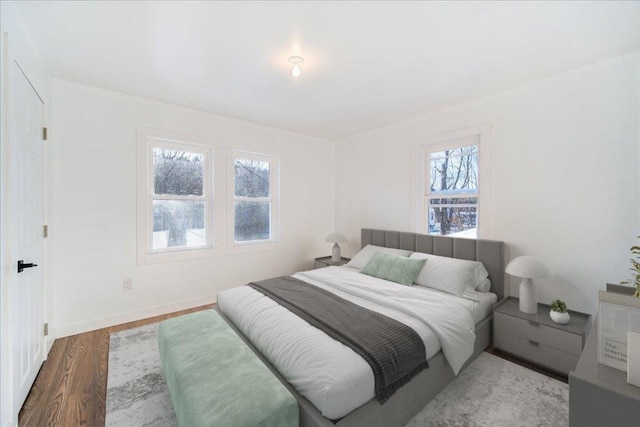 bedroom with multiple windows and hardwood / wood-style floors