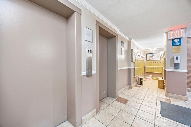 hallway featuring elevator, light tile patterned flooring, a textured ceiling, and ornamental molding