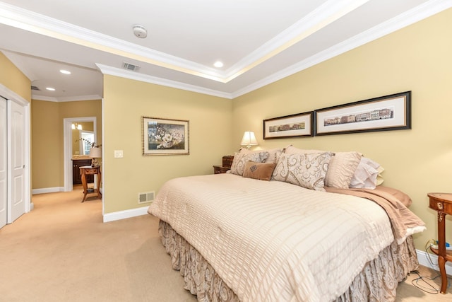 bedroom featuring ornamental molding and light carpet