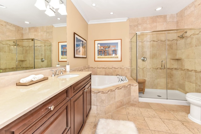 full bathroom with crown molding, vanity, shower with separate bathtub, and toilet