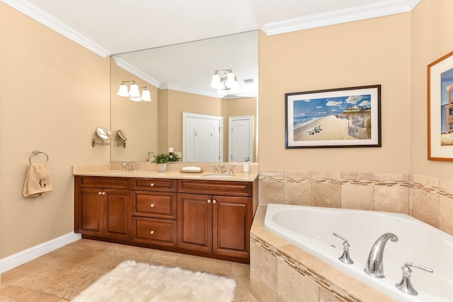 bathroom with vanity, a relaxing tiled tub, and ornamental molding