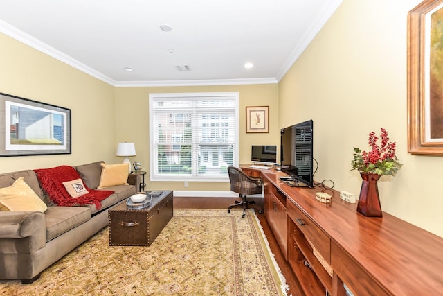 office space featuring hardwood / wood-style floors and crown molding