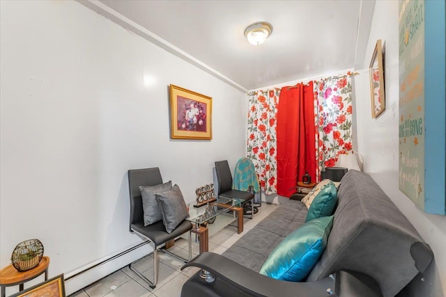 sitting room with light tile patterned flooring and a baseboard radiator