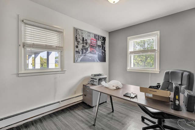 office area featuring hardwood / wood-style floors and baseboard heating