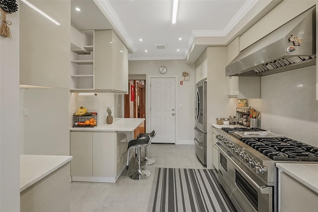 kitchen with range hood, open shelves, stainless steel appliances, ornamental molding, and modern cabinets