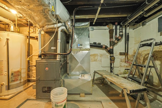 utility room with water heater and heating unit