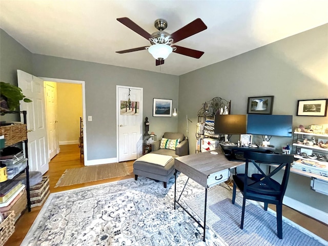 office featuring hardwood / wood-style floors and ceiling fan