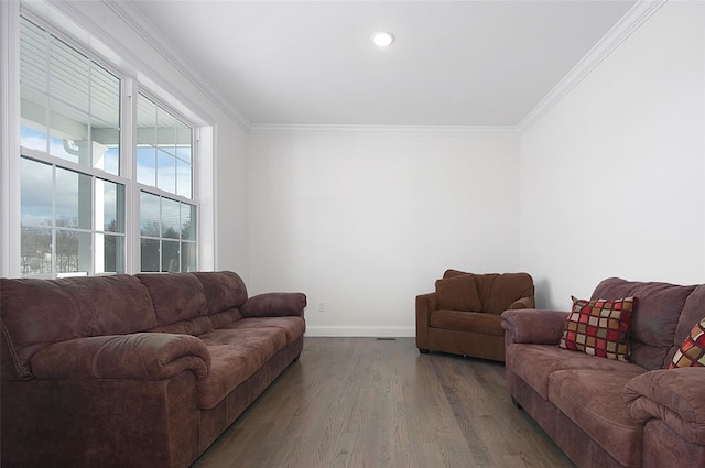 living room featuring crown molding and hardwood / wood-style flooring