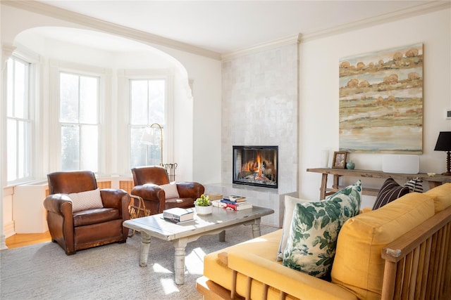 living room featuring crown molding and a fireplace