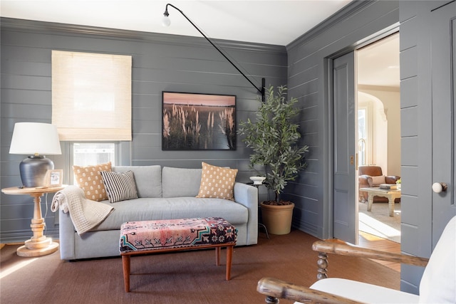 living room with crown molding and carpet floors