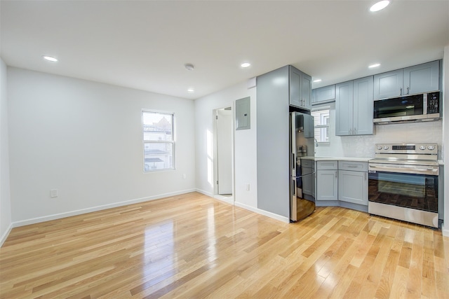 kitchen with electric panel, gray cabinets, decorative backsplash, appliances with stainless steel finishes, and light wood-type flooring