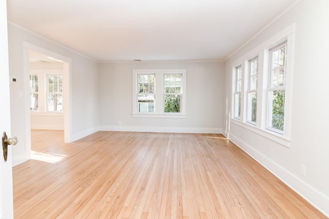 empty room with light hardwood / wood-style flooring and crown molding