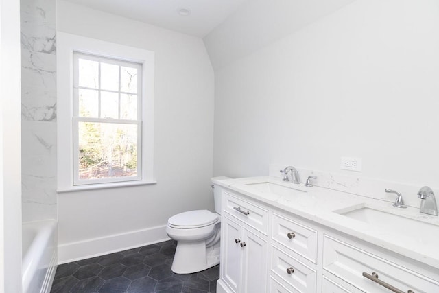 full bathroom featuring tile patterned flooring, vanity, a healthy amount of sunlight, and toilet