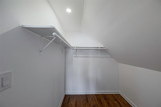 walk in closet featuring lofted ceiling and dark wood-type flooring