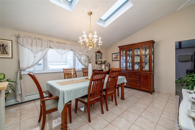 tiled dining area featuring vaulted ceiling with skylight, a baseboard heating unit, and a notable chandelier