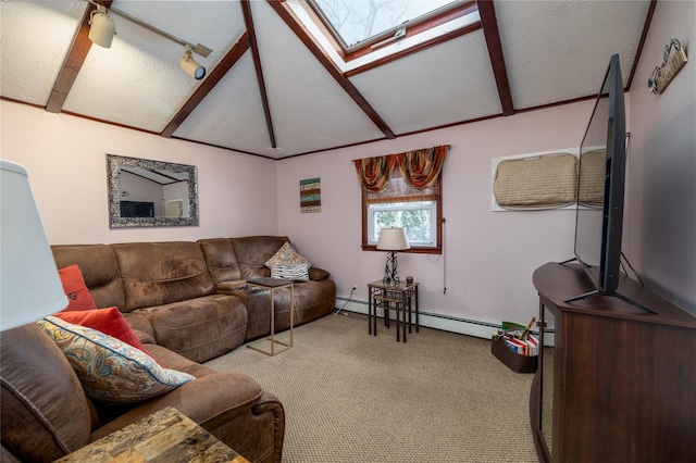 living room with vaulted ceiling with skylight, a textured ceiling, light colored carpet, ceiling fan, and a baseboard radiator