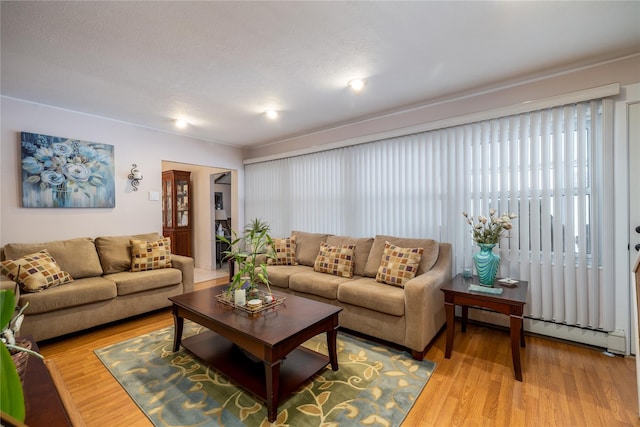 living room featuring wood-type flooring and a baseboard radiator