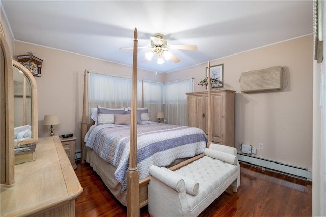 bedroom featuring ceiling fan, dark wood-type flooring, and a baseboard radiator