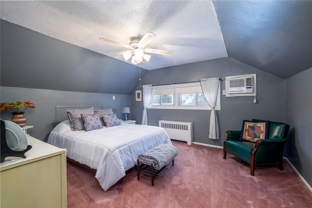 bedroom featuring radiator, a textured ceiling, a wall mounted AC, ceiling fan, and lofted ceiling