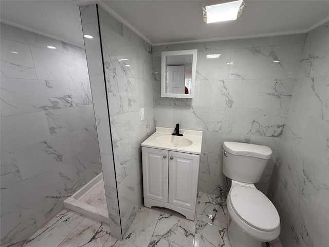 bathroom featuring walk in shower, vanity, crown molding, tile walls, and toilet