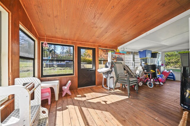 sunroom with wooden ceiling