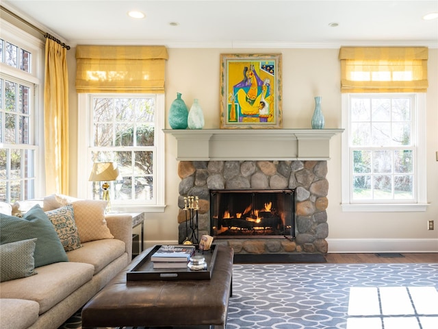 living room featuring a fireplace, ornamental molding, and hardwood / wood-style flooring