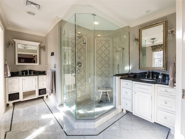 bathroom with ornamental molding, walk in shower, and vanity