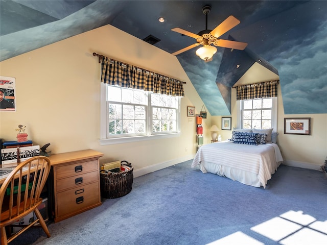 bedroom with vaulted ceiling, ceiling fan, and light carpet