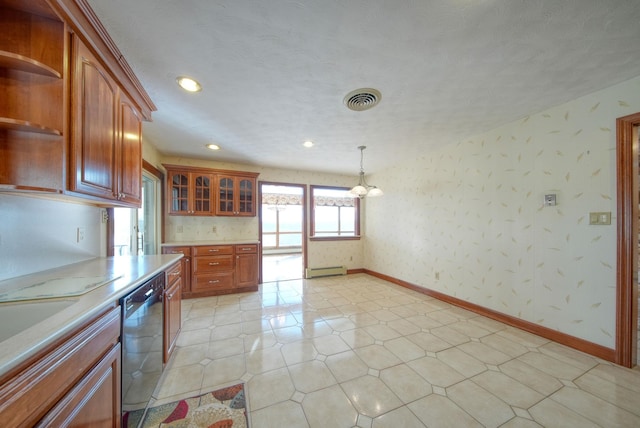 kitchen with decorative light fixtures, baseboard heating, and dishwasher