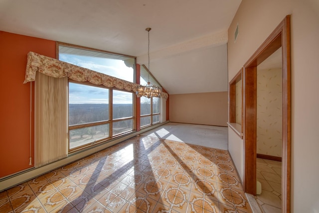 additional living space featuring lofted ceiling, light tile patterned flooring, and an inviting chandelier