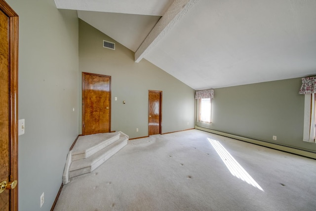 interior space featuring high vaulted ceiling, baseboard heating, and beamed ceiling